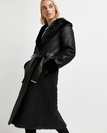 RIVER ISLAND Black belted trench coat ~ faux fur lined tie waist coats ~ womens winter outerwear