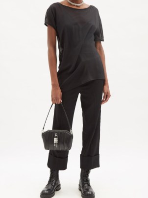 ANN DEMEULEMEESTER Boat-neck gathered silk-georgette T-shirt in black / draped asymmetric tee / women’s chic designer T-shirts