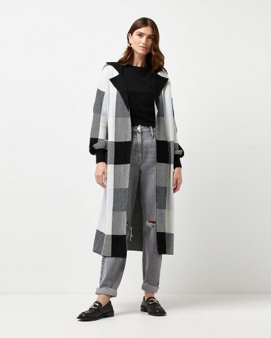 River Island BLACK CHECK LONGLINE CARDIGAN | open front checked mini length cardigans - flipped