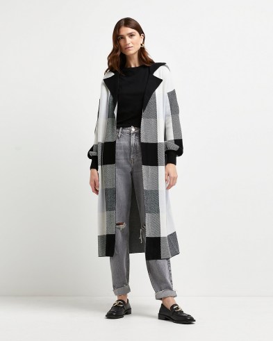 River Island BLACK CHECK LONGLINE CARDIGAN | open front checked mini length cardigans
