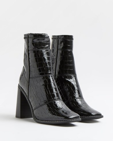 RIVER ISLAND BLACK CROC EMBOSSED PATENT SOCK BOOTS ~ womens crocodile effect square toe footwear - flipped