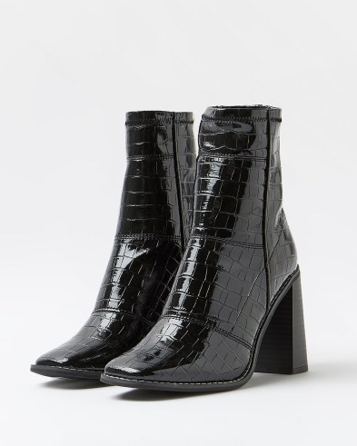 RIVER ISLAND BLACK CROC EMBOSSED PATENT SOCK BOOTS ~ womens crocodile effect square toe footwear