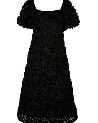 River Island Black 3D floral midi dress | flower applique party dresses | puff sleeve evening fashion - flipped