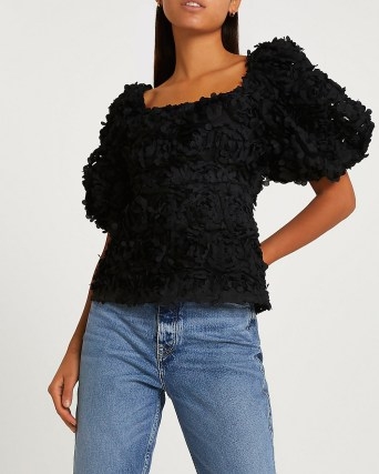 RIVER ISLAND BLACK 3D FLORAL TOP / romantic puff sleeve flower applique tops - flipped