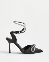 RIVER ISLAND BLACK DIAMANTE EMBELLISHED BOW COURT SHOES / sparkly ankle strap courts / pointed toe party heels