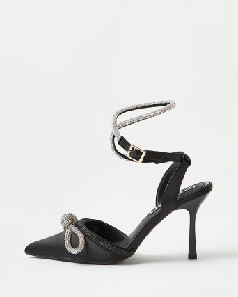 RIVER ISLAND BLACK DIAMANTE EMBELLISHED BOW COURT SHOES / sparkly ankle strap courts / pointed toe party heels - flipped