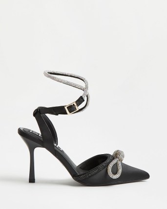 RIVER ISLAND BLACK DIAMANTE EMBELLISHED BOW COURT SHOES / sparkly ankle strap courts / pointed toe party heels