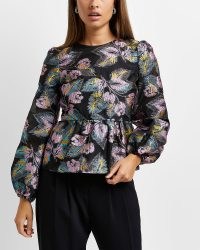 River Island BLACK EMBROIDERED FLORAL PEPLUM TOP | puff sleeve tops