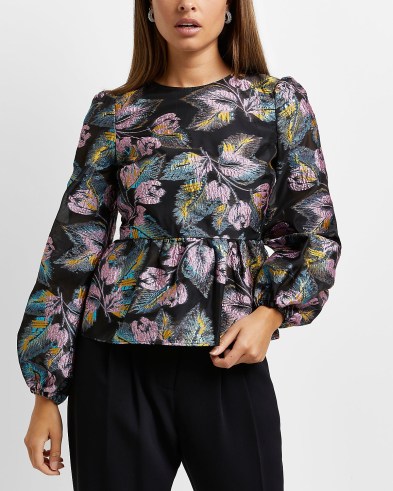 River Island BLACK EMBROIDERED FLORAL PEPLUM TOP | puff sleeve tops