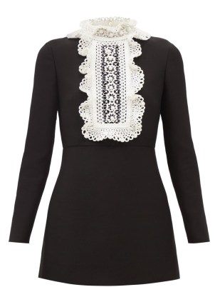 VALENTINO Embroidered-bib wool-blend crepe mini dress ~ long sleeve ruffle high neck LBD ~ little black occasion dresses