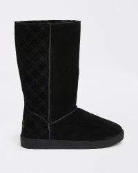 RIVER ISLAND BLACK FAUX FUR LINED BOOTS ~ womens on-trend quilt detail winter boots