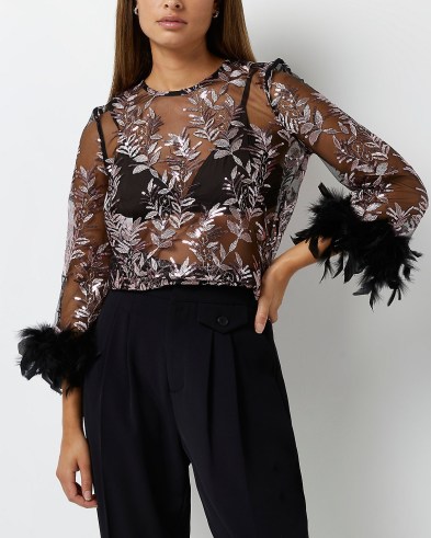 RIVER ISLAND BLACK FEATHER CUFF SEQUIN SHEER TOP ~ glamorous sequinned party tops ~ evening fashion - flipped