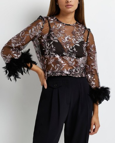 RIVER ISLAND BLACK FEATHER CUFF SEQUIN SHEER TOP ~ glamorous sequinned party tops ~ evening fashion