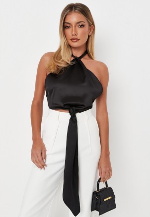 MISSGUIDED black halterneck knot detail satin crop top – evening glamour – cropped halter neck tops – glamorous going out fashion