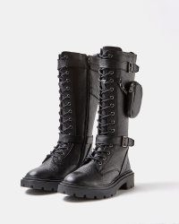 RIVER ISLAND BLACK KNEE HIGH BUCKLE BOOTS ~ womens chunky sole lace-up buckled boots