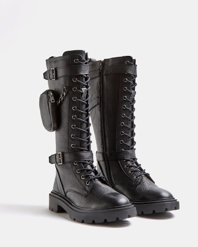 RIVER ISLAND BLACK KNEE HIGH BUCKLE BOOTS ~ womens chunky sole lace-up buckled boots - flipped
