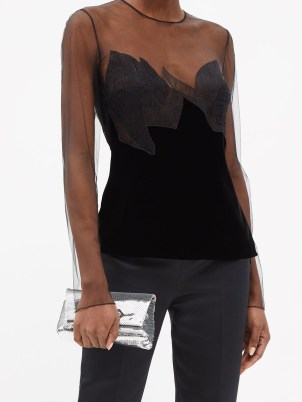 TOM FORD Lace, tulle and velvet top in Black ~ long sleeve semi sheer tops ~ beautiful evening fashion