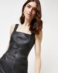 RIVER ISLAND BLACK LEATHER MINI DRESS ~ sleeveless square neck party dresses ~ luxe LBD