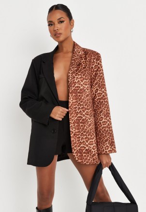 MISSGUIDED black leopard print colourblock oversized blazer ~ glamorous animal spliced jackets ~ womens on-trend blazers - flipped