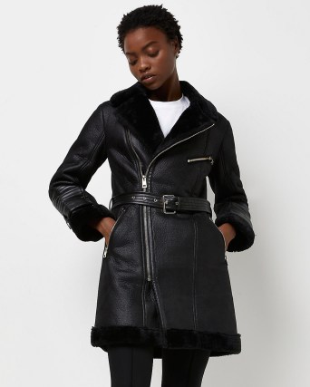 RIVER ISLAND Black longline belted aviator ~ womens zip detail winter coats - flipped