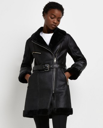 RIVER ISLAND Black longline belted aviator ~ womens zip detail winter coats