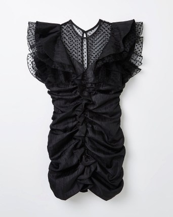 River Island Black polka dot mesh ruched mini dress | glamorous LBD | semi sheer ruffled short sleeve party dresses - flipped
