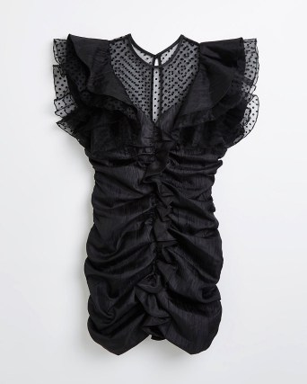 River Island Black polka dot mesh ruched mini dress | glamorous LBD | semi sheer ruffled short sleeve party dresses