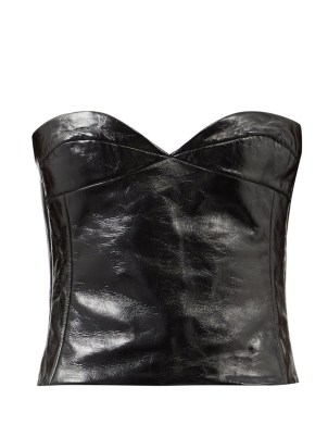 KHAITE Prim black crinkled-leather bustier top ~ strapless sweetheart neckline tops ~ fitted bodice fashion - flipped