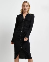 River Island Black ruched bodycon dress – long sleeve gathered detail dresses