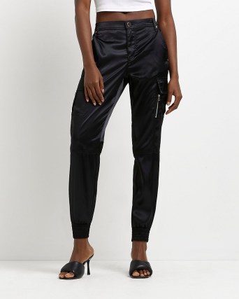 RIVER ISLAND BLACK SATIN CARGO TROUSERS ~ womens cuffed sports luxe pants