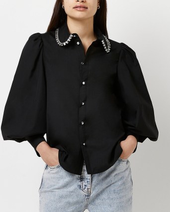 River Island BLACK SEQUIN COLLAR SHIRT | long puff sleeve shirts | embellished blouses - flipped