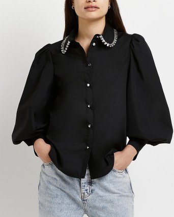 River Island BLACK SEQUIN COLLAR SHIRT | long puff sleeve shirts | embellished blouses