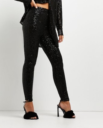 RIVER ISLAND BLACK SEQUIN LEGGINGS ~ sparkling party fashion ~ glamorous going out evening skinny trousers ~ glittering skinnies - flipped