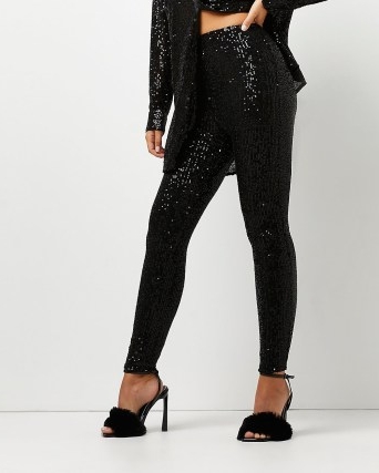 RIVER ISLAND BLACK SEQUIN LEGGINGS ~ sparkling party fashion ~ glamorous going out evening skinny trousers ~ glittering skinnies