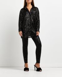 RIVER ISLAND BLACK SEQUIN OVERSIZED SHIRT ~ sequinned party fashion ~ womens glittering longline evening shirts ~ going out glamour