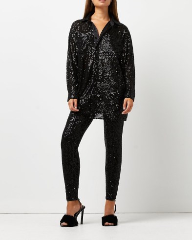 RIVER ISLAND BLACK SEQUIN OVERSIZED SHIRT ~ sequinned party fashion ~ womens glittering longline evening shirts ~ going out glamour - flipped