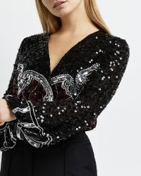 RIVER ISLAND BLACK SEQUIN WRAP BODYSUIT ~ long sleeve sequinned bodysuits ~ glittering party fashion ~ glamorous going out evening tops