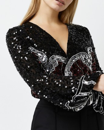 RIVER ISLAND BLACK SEQUIN WRAP BODYSUIT ~ long sleeve sequinned bodysuits ~ glittering party fashion ~ glamorous going out evening tops - flipped