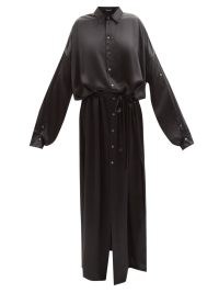 ANN DEMEULEMEESTER Silvie black silk-satin shirt dress ~ tie waist fluid fabric maxi dresses