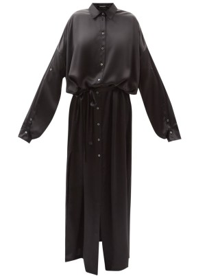 ANN DEMEULEMEESTER Silvie black silk-satin shirt dress ~ tie waist fluid fabric maxi dresses - flipped