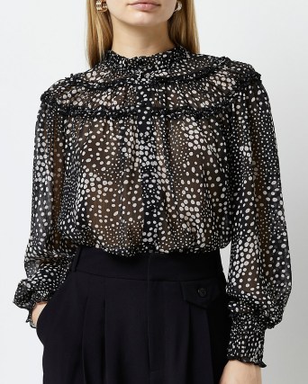 RIVER ISLAND BLACK SPOT PRINT FRILL BLOUSE / romantic style frilled blouses - flipped