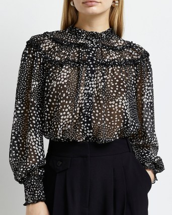 RIVER ISLAND BLACK SPOT PRINT FRILL BLOUSE / romantic style frilled blouses