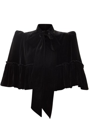 THE VAMPIRE’S WIFE The Mini Crusader flounced-velvet capelet – structured puff shoulder tie at neck capelets – black evening occasion capes - flipped