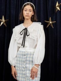 sister jane WRITTEN IN THE STARS Eris Puff Sleeve Shirt in Ivory – puff sleeve embroidered organza oversized collar shirts – feminine vintage style blouses