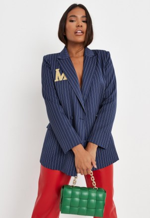 MISSGUIDED blue co ord m embroidered pinstripe tailored blazer – womens striped blazers – women’s fashionable jackets - flipped