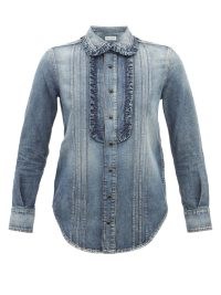 SAINT LAURENT Frilled cotton-denim shirt – womens blue frill trim shirts