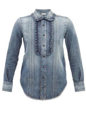 SAINT LAURENT Frilled cotton-denim shirt – womens blue frill trim shirts