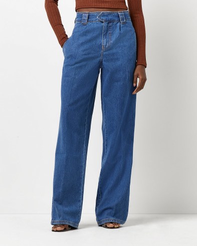 River Island BLUE HIGH WAISTED WIDE LEG JEANS | womens Responsibly Sourced Cotton Denim fashion | relaxed fit - flipped