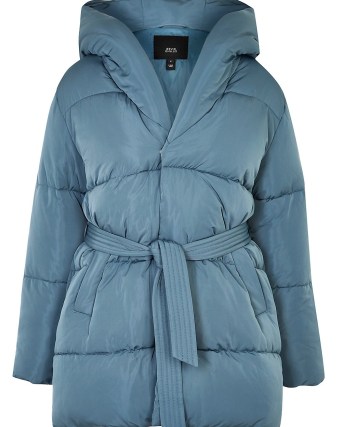 River Island Blue quilted belted puffer coat – womens hooded tie waist padded winter coats - flipped