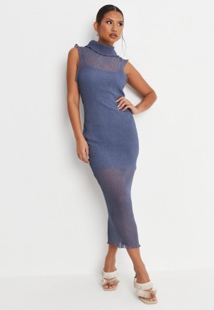 MISSGUIDED blue sheer high neck crinkle midaxi dress ~ chic sleeveless semi sheer dresses ~ elegant on-trend going out fashion - flipped